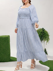 Plus Ditsy Floral Print Flounce Sleeve Smock Maxi Dress