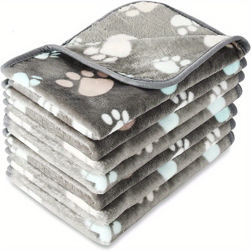 Soft Warm Dog Blanket Grey Paw Pattern Fluffy Mat for Dogs Cats