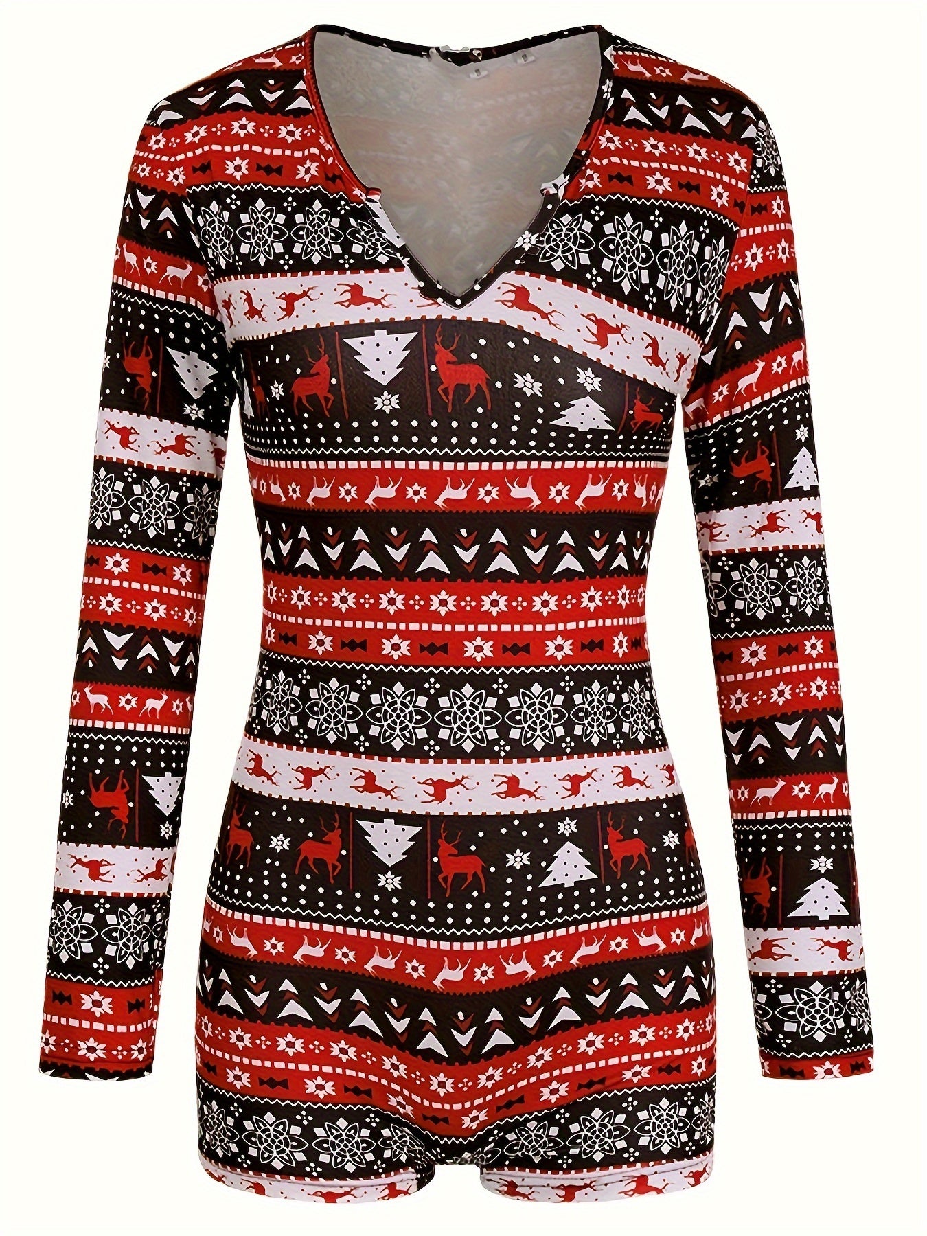Christmas Print Pajama Romper Long Sleeve V Neck Pajamas