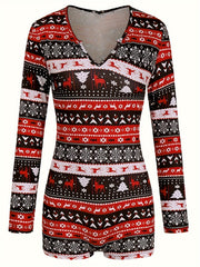 Christmas Print Pajama Romper Long Sleeve V Neck Pajamas