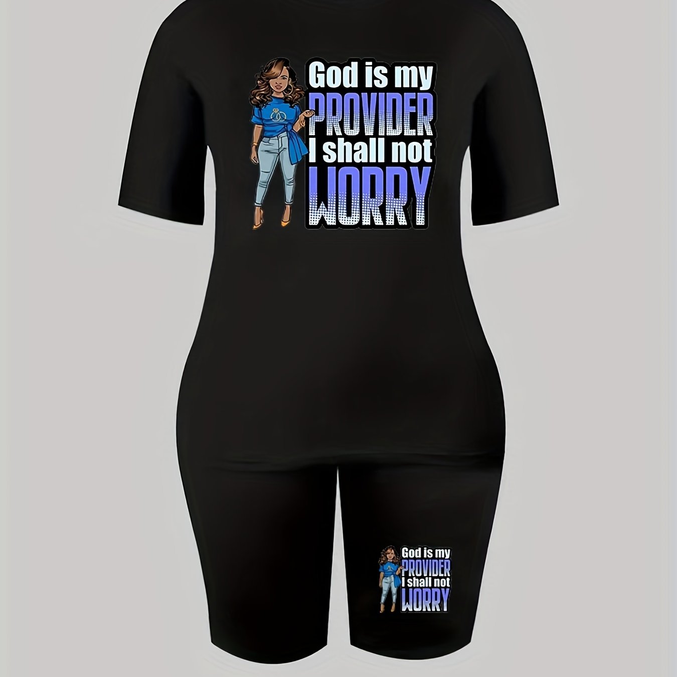 2 Piece Set Women's Plus Slogan & Cartoon Print Top & Shorts Set