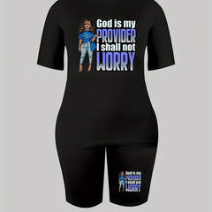 2 Piece Set Women's Plus Slogan & Cartoon Print Top & Shorts Set
