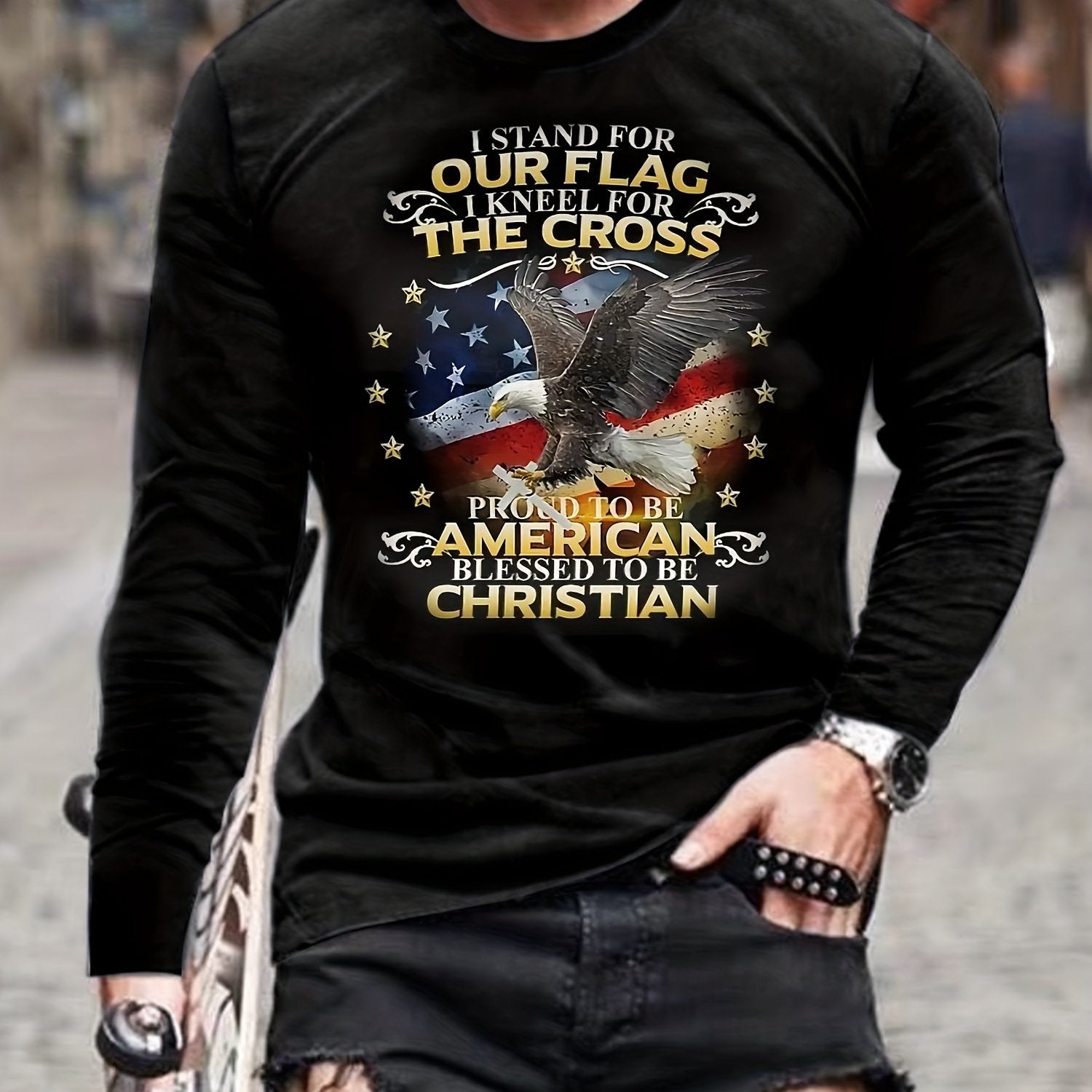 Flag And Eagle Print Men's Graphic T-shirt Autumn Pullover
