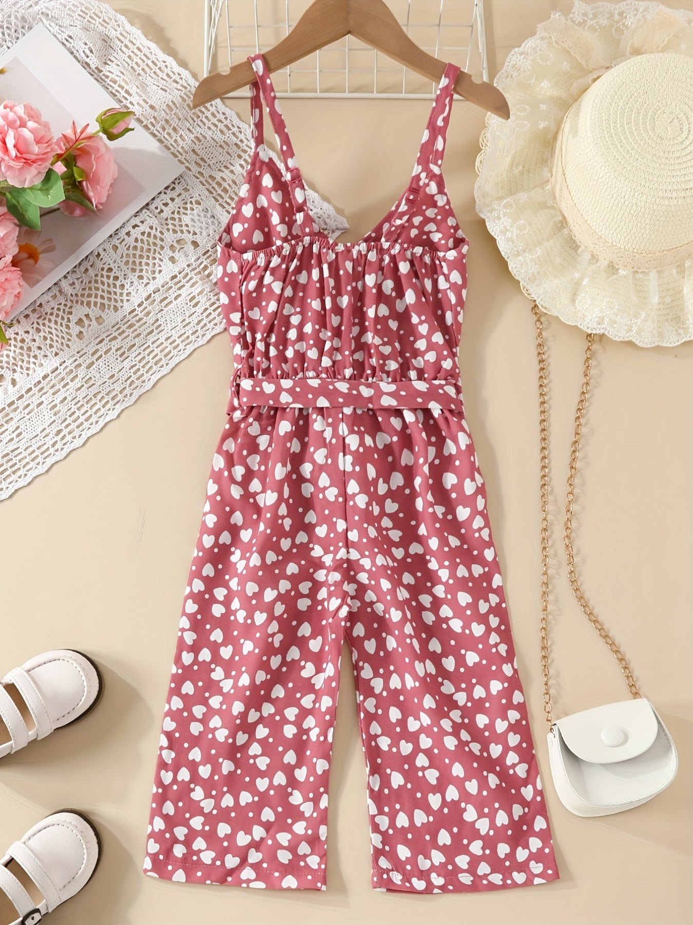 Toddlr Girls Heart Graphic Belted Cami Rompers for Beach Vacation