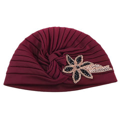 Wine Red Beaded Flower Turban Head Wrap Elastic Chemo Hat