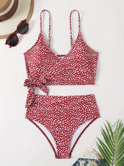Polka Dot Bikini Set V Neck Bow Tie Spaghetti Straps High Rise