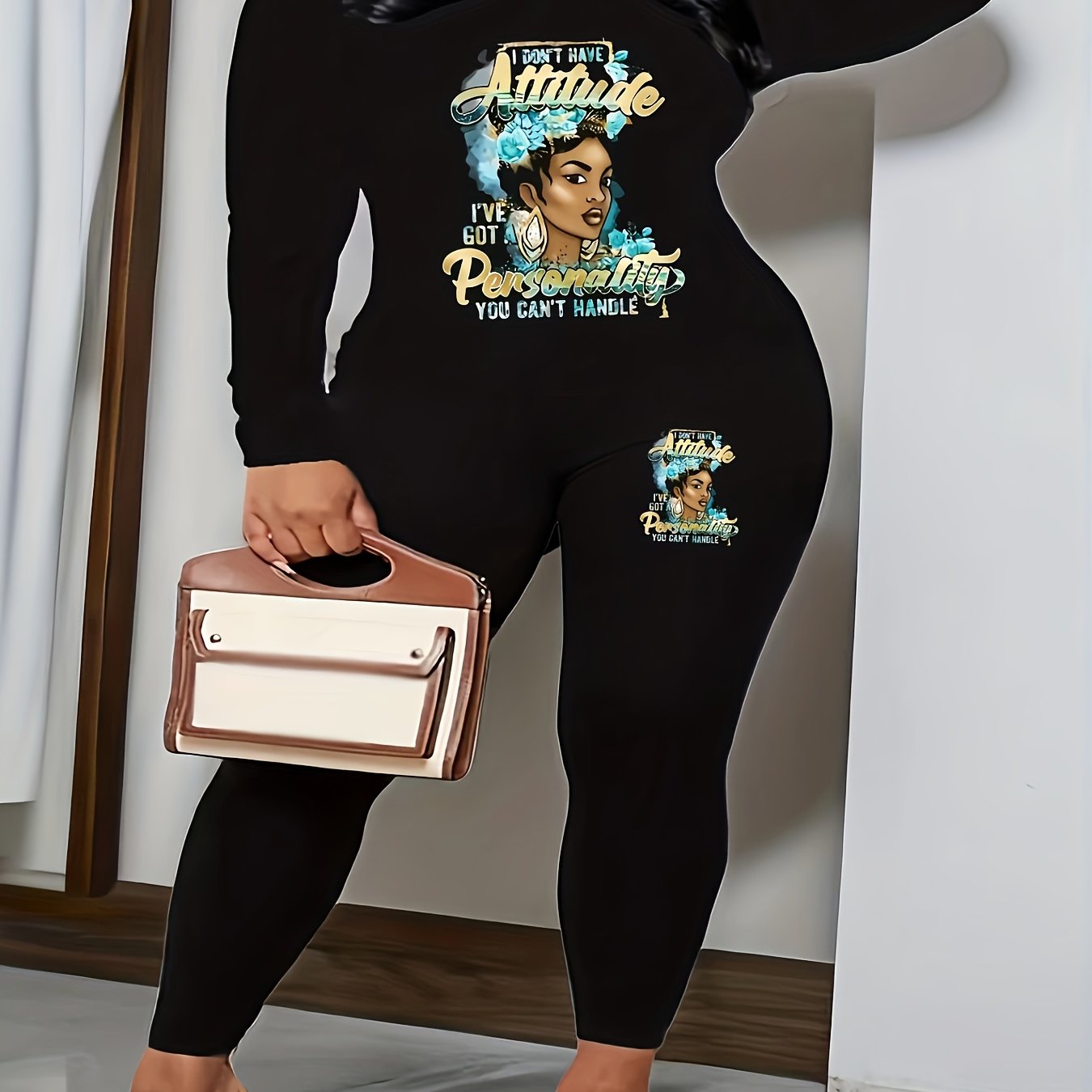 Bird & Slogan Print Top & Leggings Set