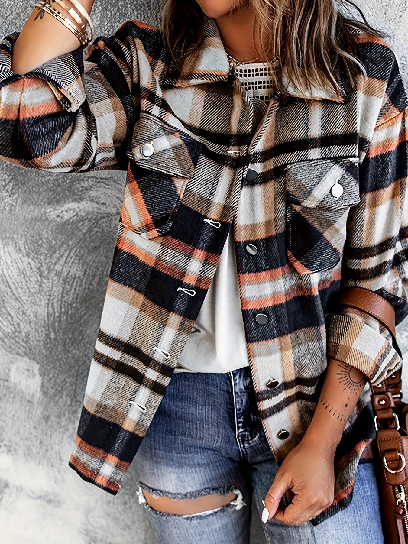 Plaid Print Button Up Long Sleeve Blouse