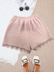 Lace Trim Solid Shorts Casual Summer Women's Clothing