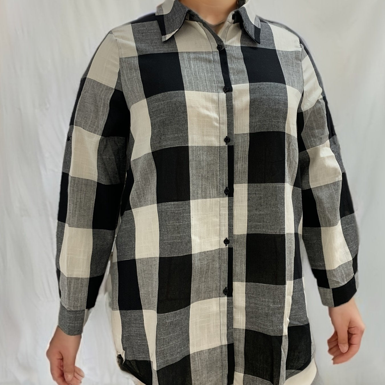 Gingham Print Button Up Long Sleeve Blouse