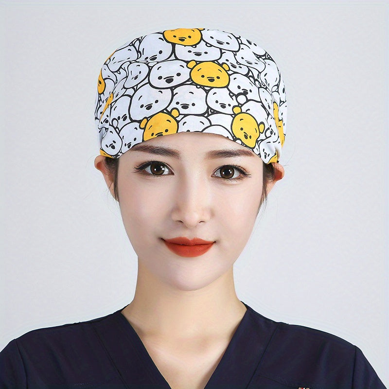 Cartoon Pattern Nurse Cap Adjustable Elastic Scrub Hat