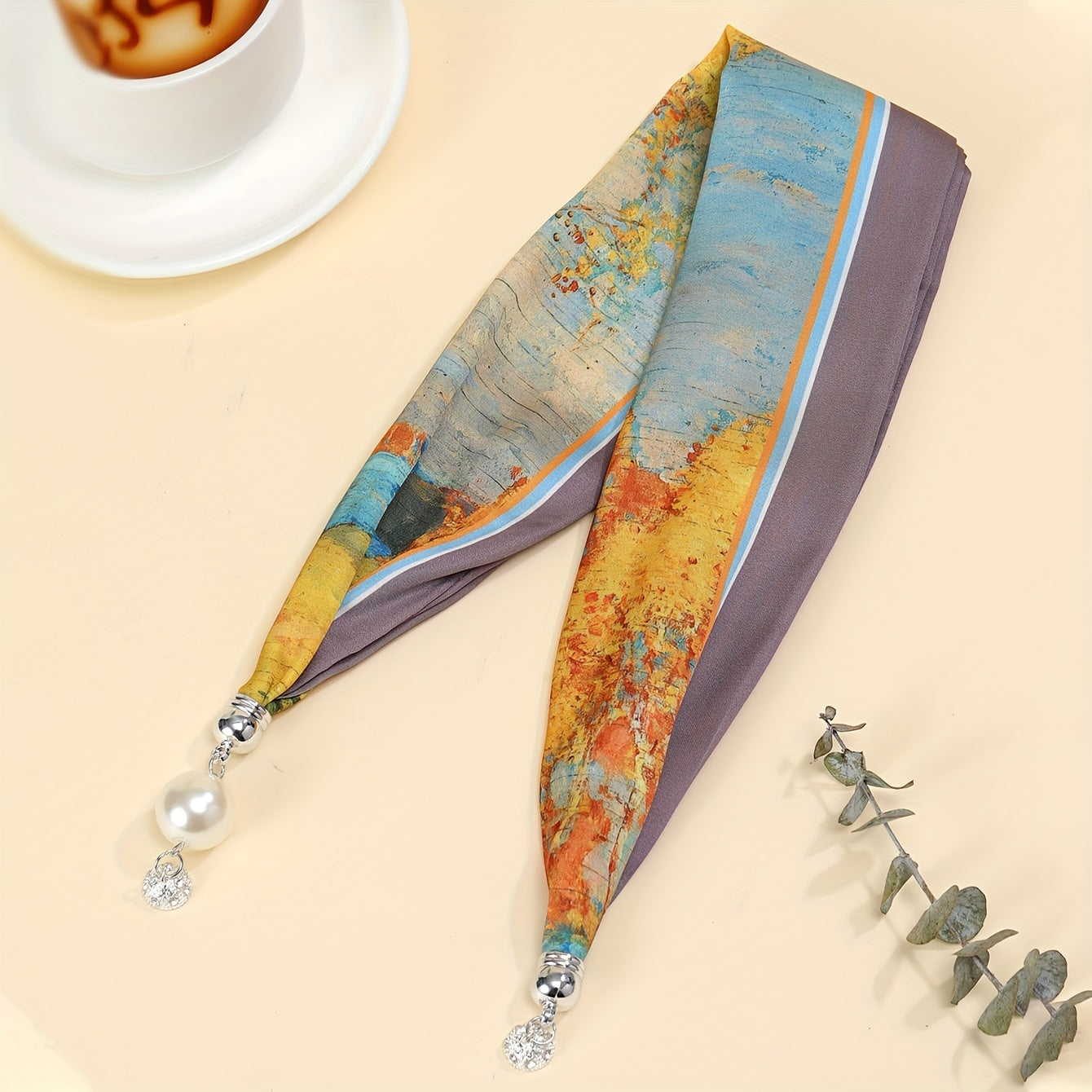 Oil Painting Print Scarf with Magnetic Buckle Silk Necklace
