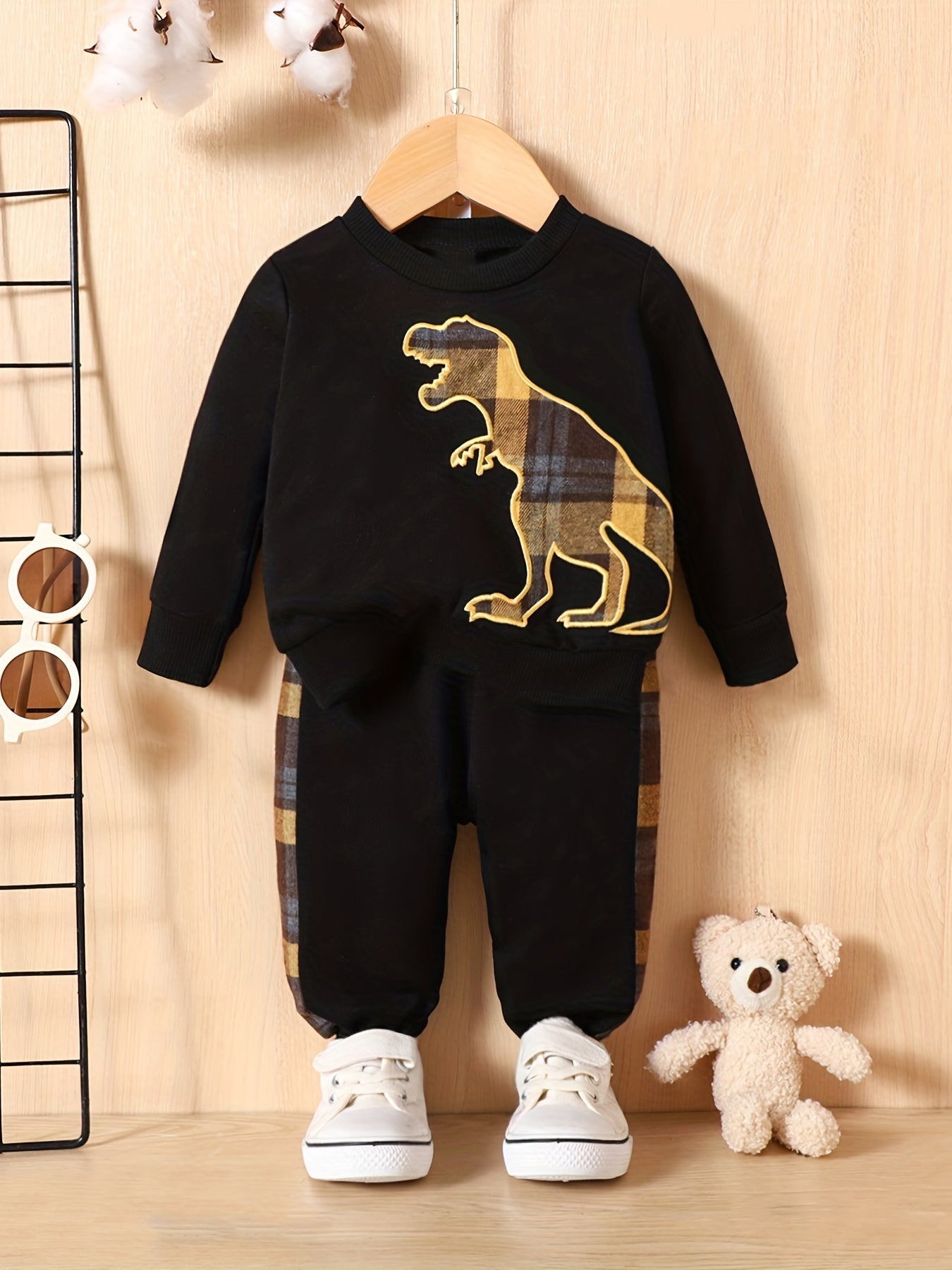 Boys Dino Print Top & Grid Pants 2pc Set