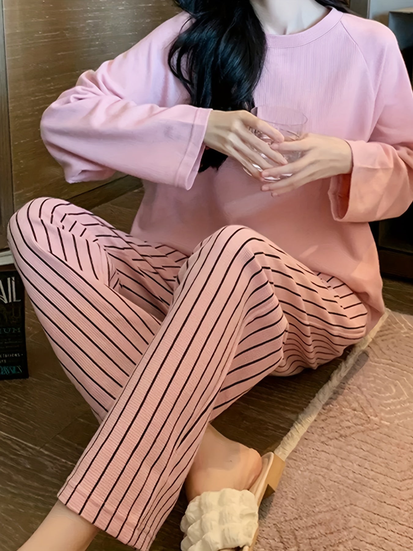 Striped Print Pajama Set Long Sleeve & Pants Women's Sleepwear