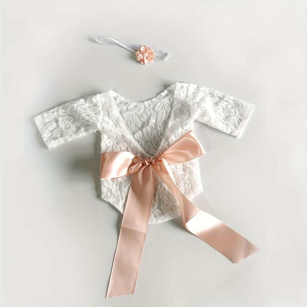 2PC Bowknot Headband Lace Jumpsuit Photography Suit 0-3 Months