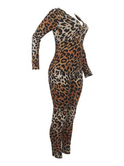 Leopard Lounge Jumpsuit Long Sleeve V Neck Buttons Jumpsuit