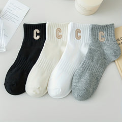4 Pairs Letter Print Socks Women's Sports Short Stockings