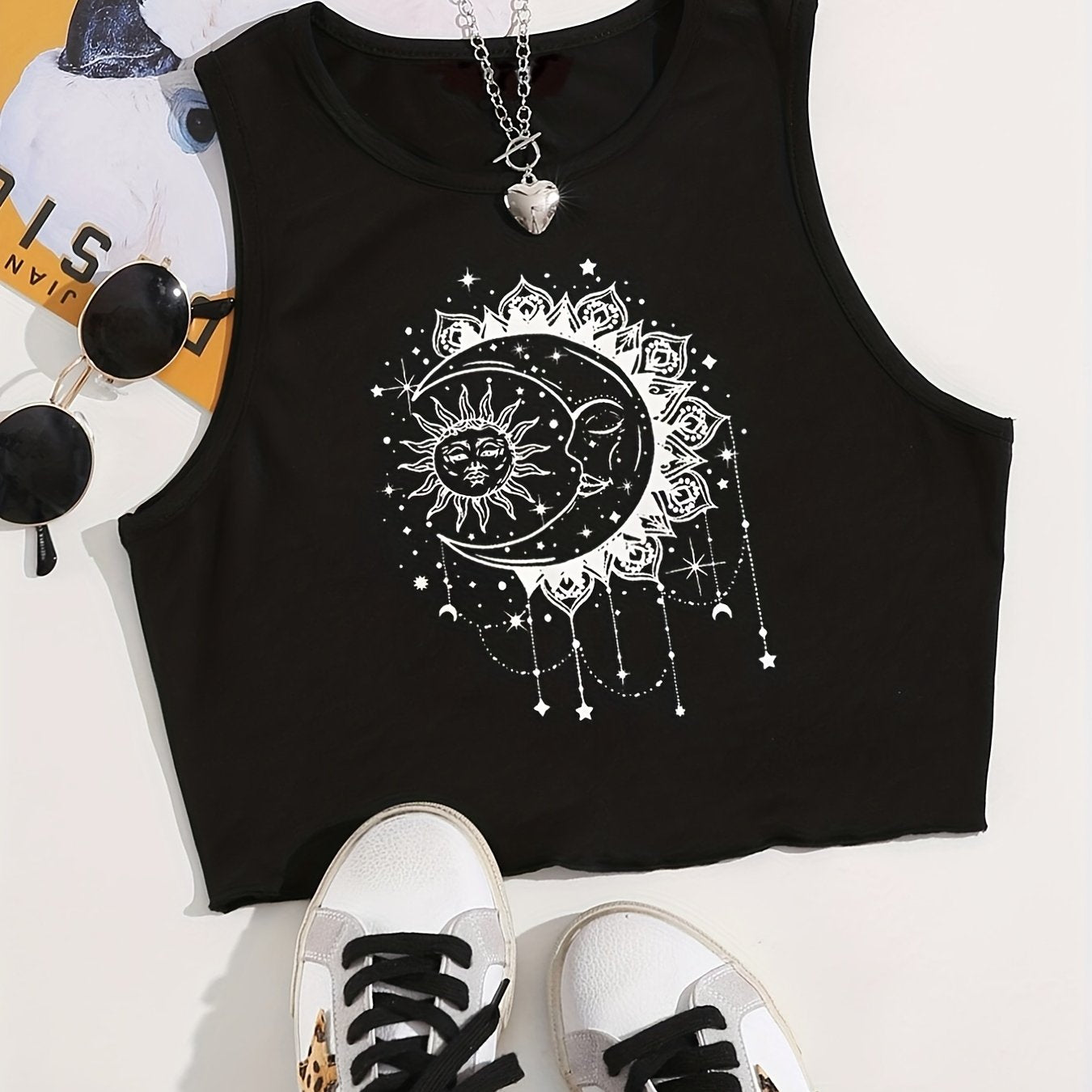 Sun & Moon Print Crop Tank Top Sleeveless Summer Casual Top