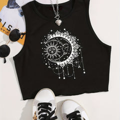 Sun & Moon Print Crop Tank Top Sleeveless Summer Casual Top