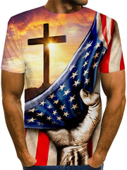 Men's American Flag & Cross Graphic T-shirt - Casual Stretch Tee
