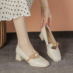 Chunky Heel Mary Jane Knot Band Slip On Mid Heel Dress Shoes