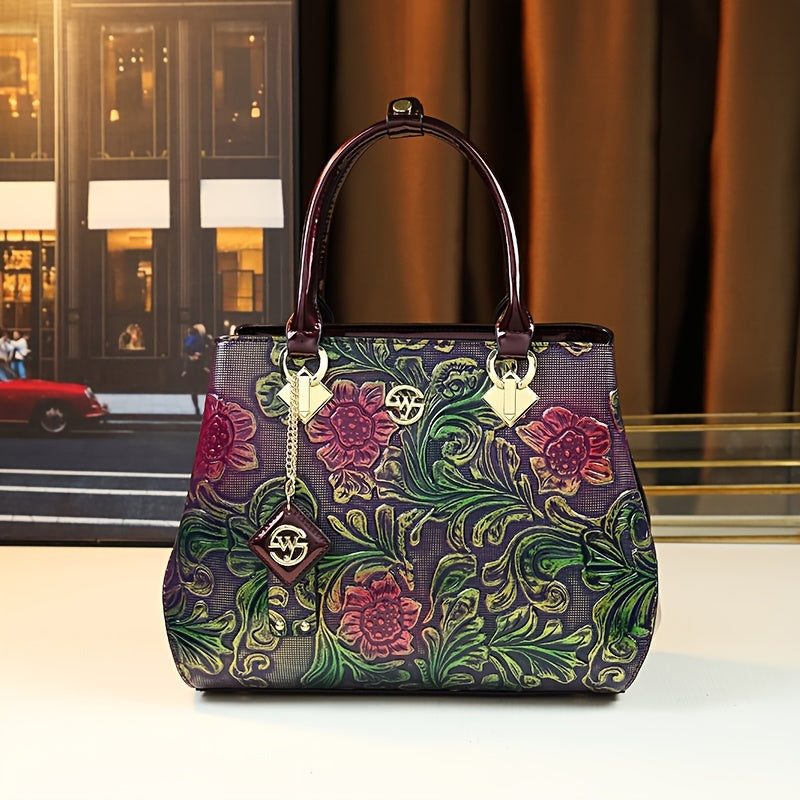 Vintage Floral Embossed Women's Handbag Purple & Green Crossbody Bag