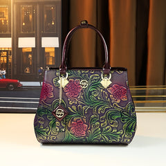 Vintage Floral Embossed Women's Handbag Purple & Green Crossbody Bag