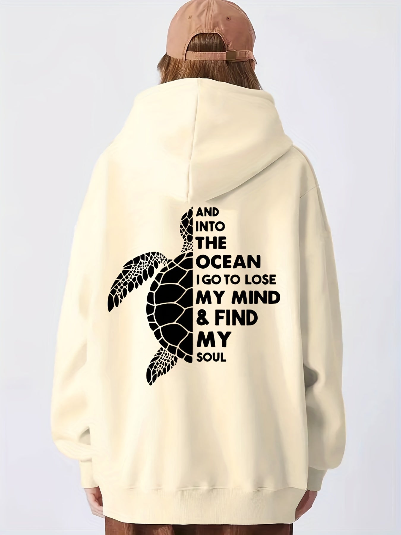 Turtle & Letter Print Kangaroo Pocket Hoodie Long Sleeve Drawstring Hoodies