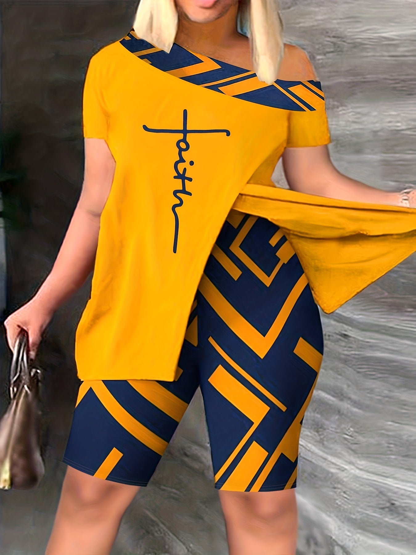 Graphic Print Matching Two piece Set Casual Short Sleeve Off Shoulder T shirt