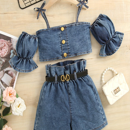 2pcs Toddler Girls Button Crop Top & Shorts Denim Set Summer Clothes