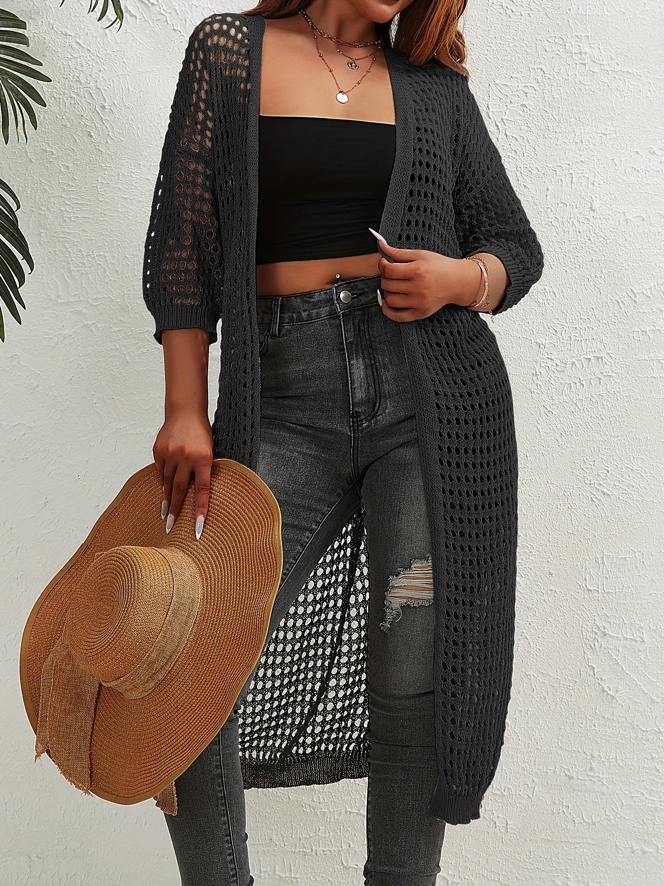 Solid Hollow Out Long Sleeve Open Front Cardigan
