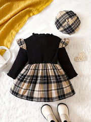 Baby Girls Plaid Dress Bow Long Sleeve Casual Stitching Dress