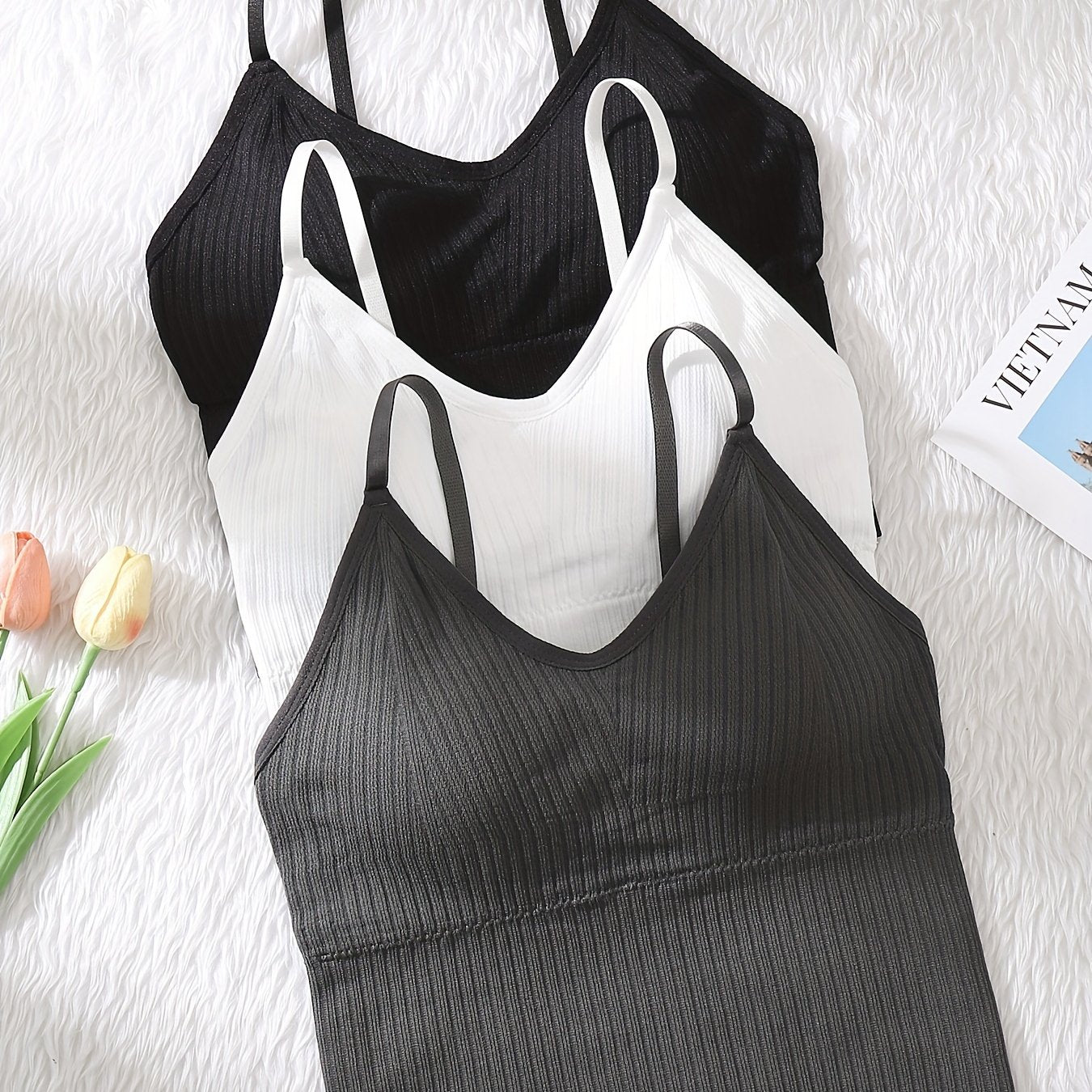 3pcs Ribbed Cami Tops V Neck Sleeveless Casual & Comfy
