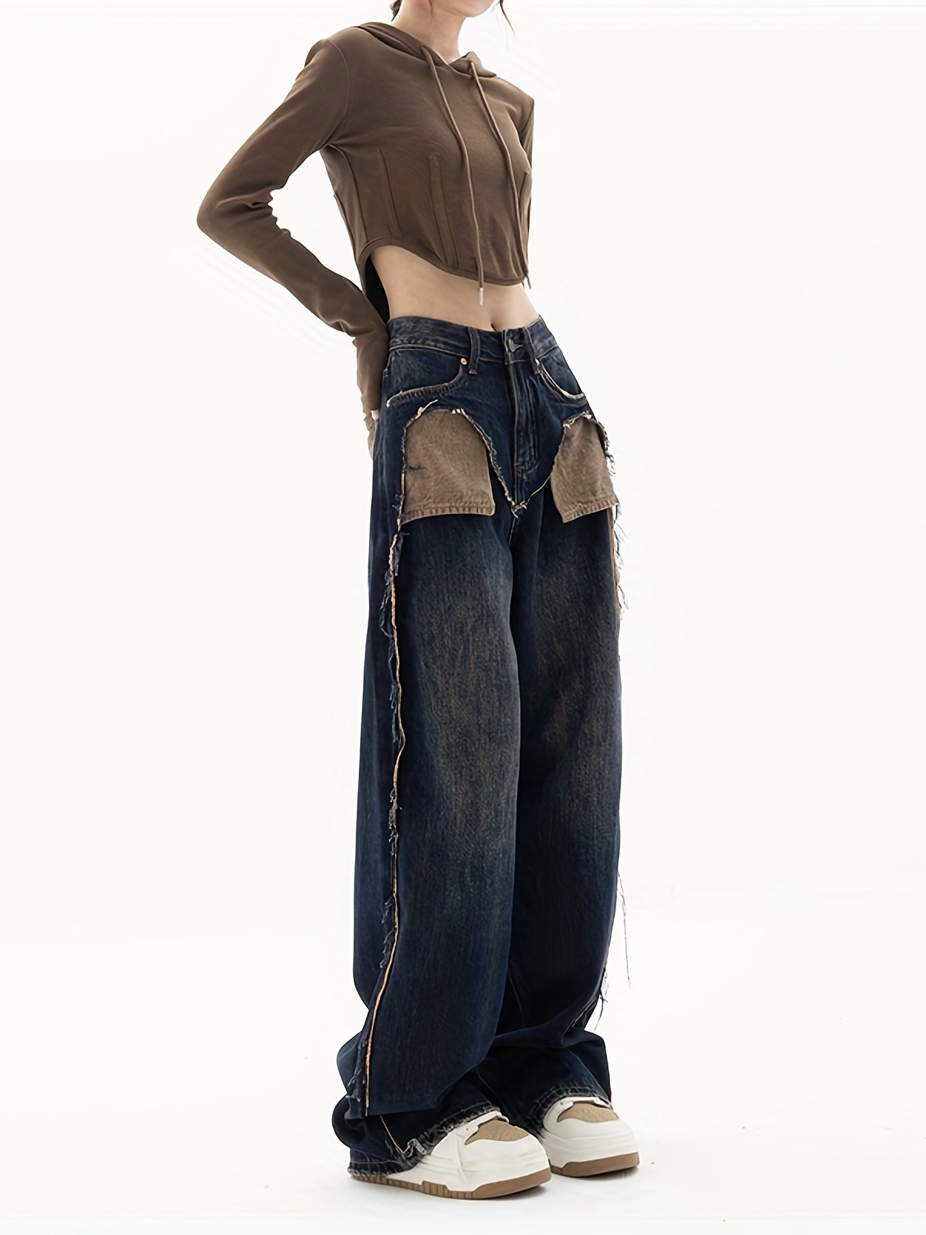 Dark Patchwork Straight Jeans Retro & Street Style Wide Legs Jeans