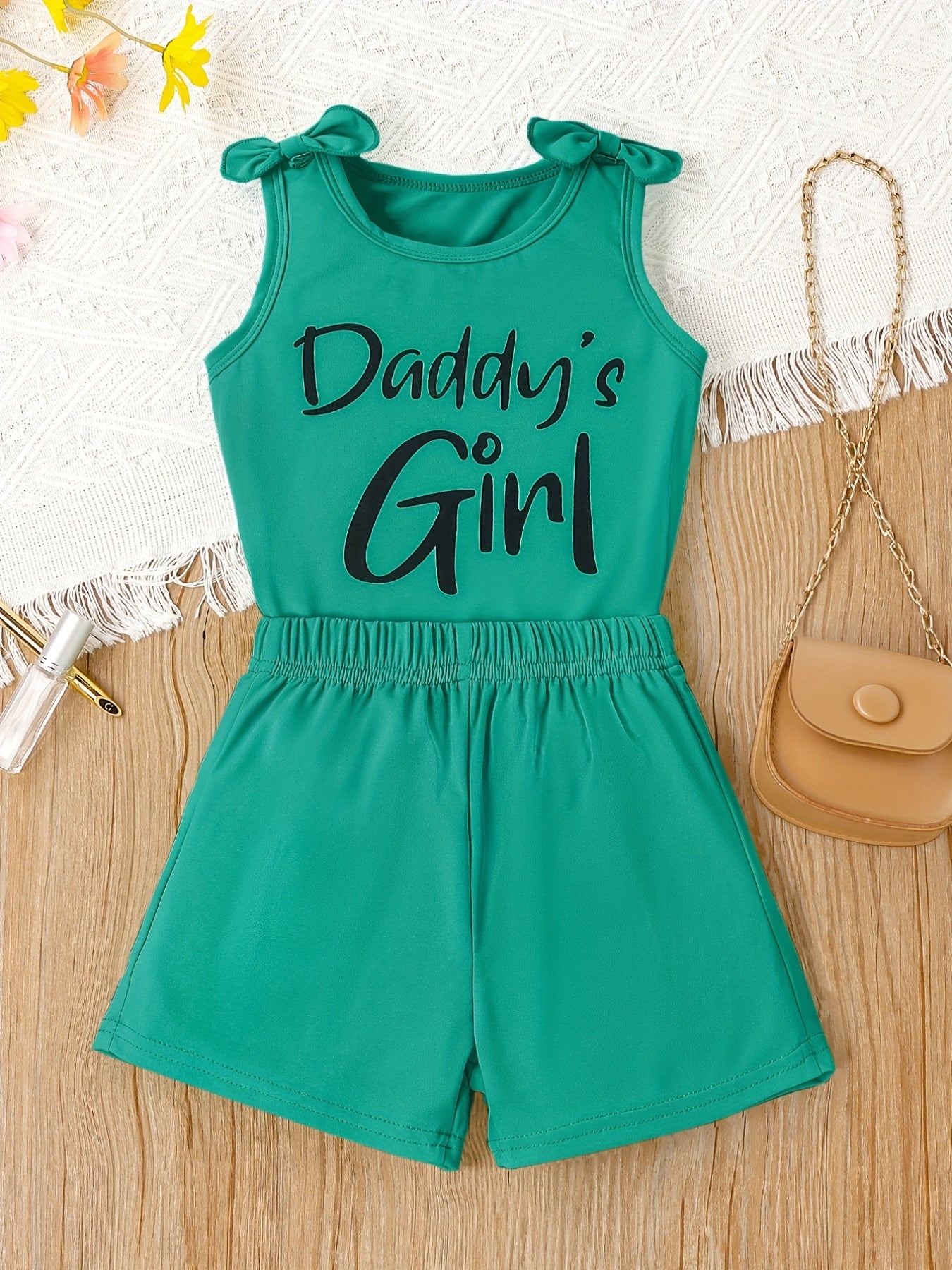 2pcs Girls Casual DADDY'S GIRL Letter Graphic Print Bow Shoulder Sleeveless Set