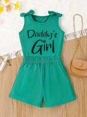 2pcs Girls Casual DADDY'S GIRL Letter Graphic Print Bow Shoulder Sleeveless Set
