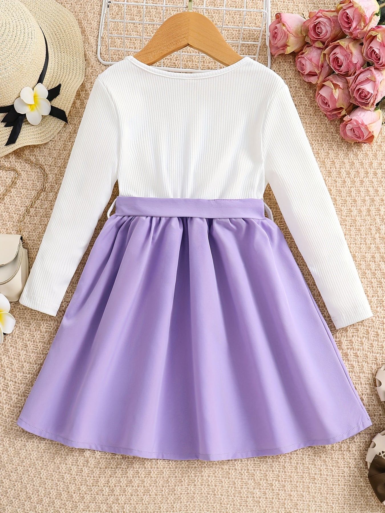 Girls Ruffled Splicing Dress With Belt Long Sleeves Round Neck Flowers Print Pri