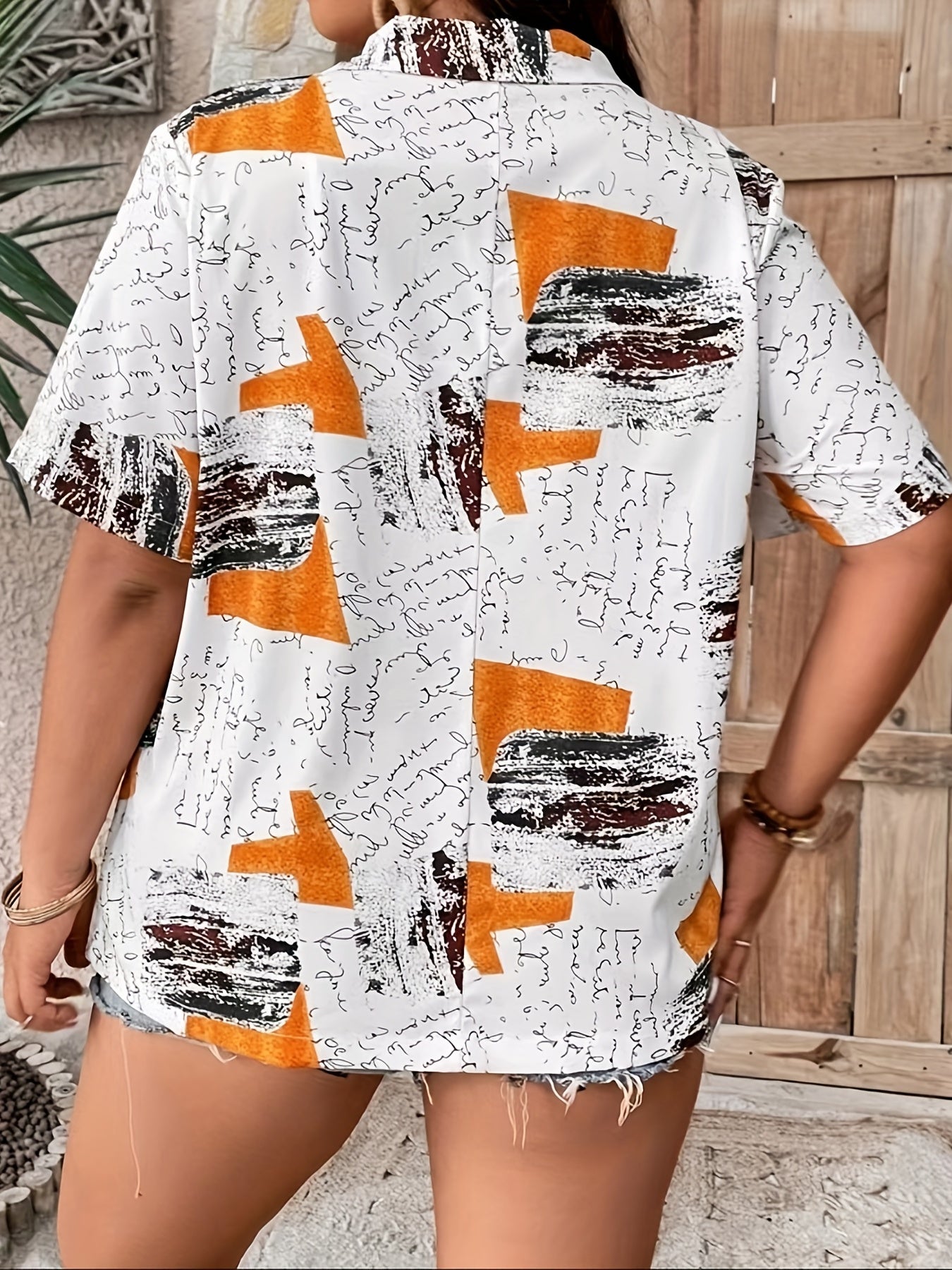 Colorblock Letter Print Button Up Short Sleeve Blouse