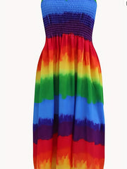 Rainbow Stripe Print Tube Dress Off Shoulder Shirred Dress