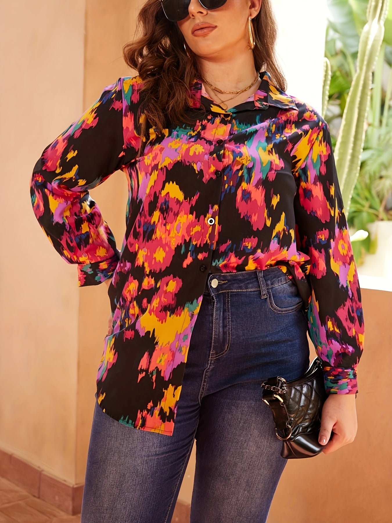 Random Print Long Sleeve Button Up Blouse