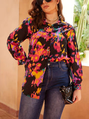 Random Print Long Sleeve Button Up Blouse