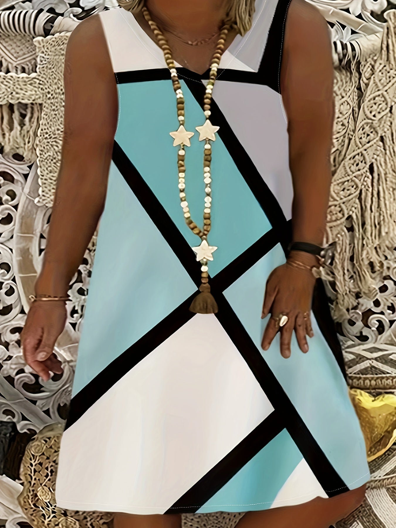 Colorblock Tank Dress Geometric Print V Neck