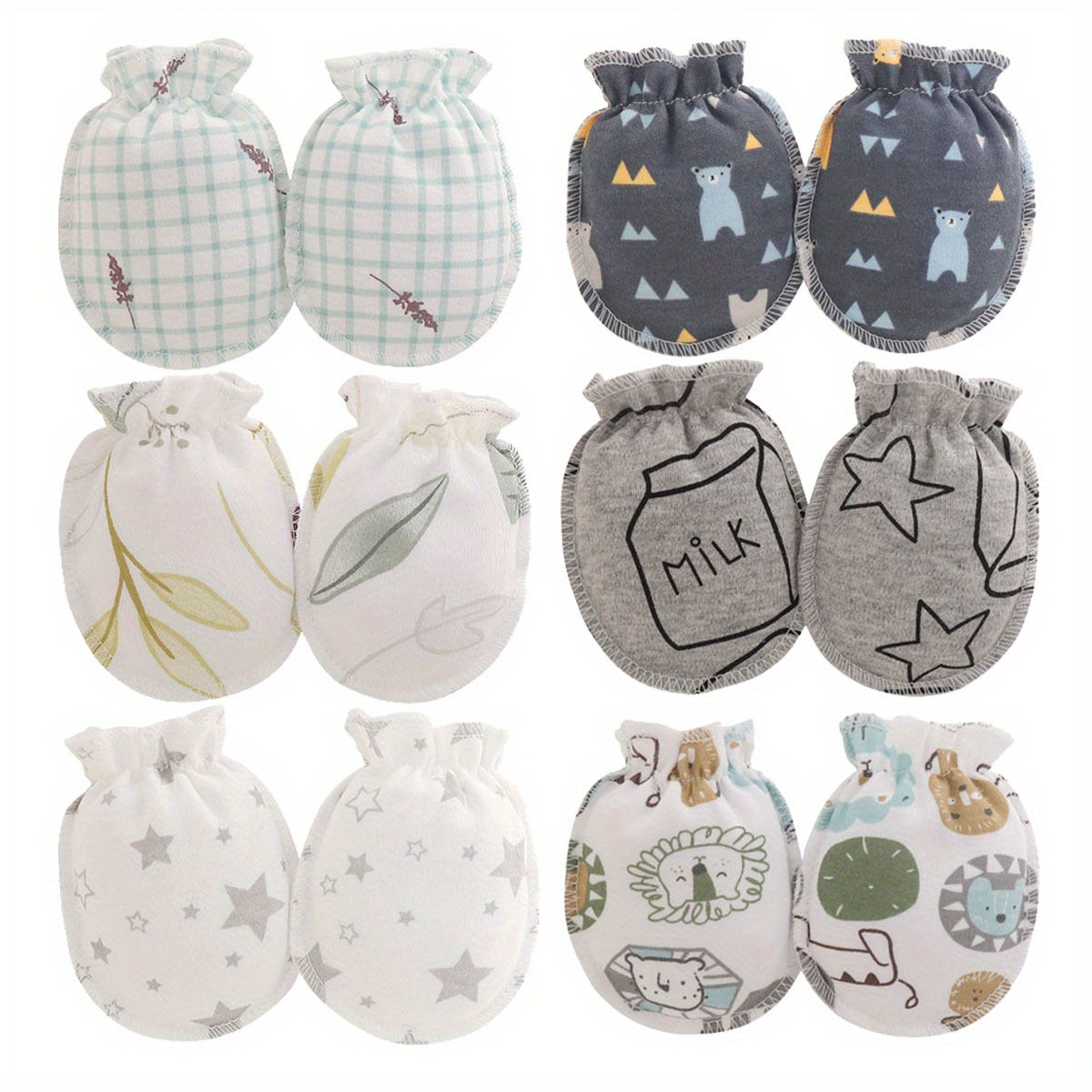 6pairs Newborn Infant Cartoon Animal Stars Graphic Breathable Mittens