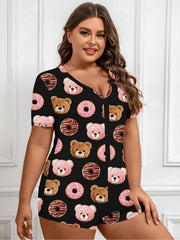 Donut & Bear Print Short Sleeve Button Up Loungewear Romper