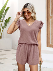 Eyelet Casual Two piece Set V Neck Flutter Sleeve Top & Elastic Waist Shorts