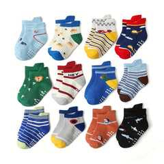 12 Pairs Boys Cartoon Knit Cotton Socks Soft Non-Slip Ankle Socks