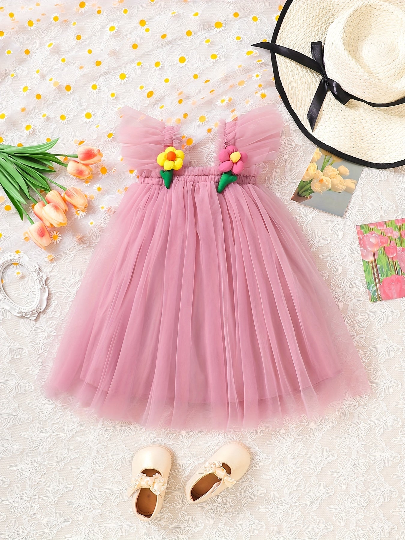 Girls Sweet Princess Mesh Puffy Skirt Ruffle Overall Dress