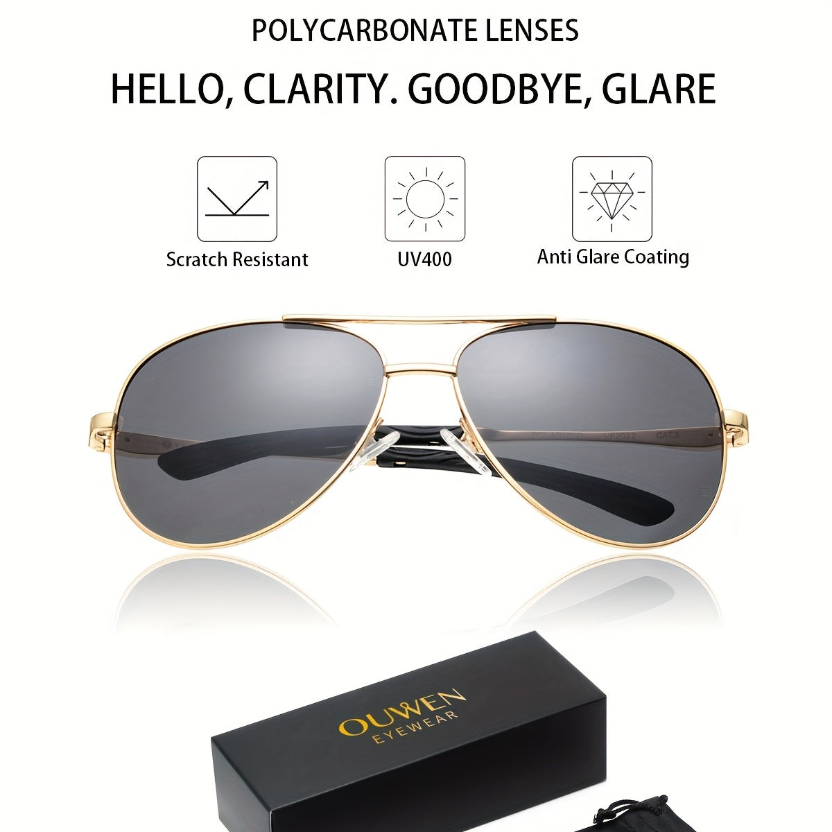 OUWEN Aviator Sunglasses Golden Frame Gray Lens UV Protection