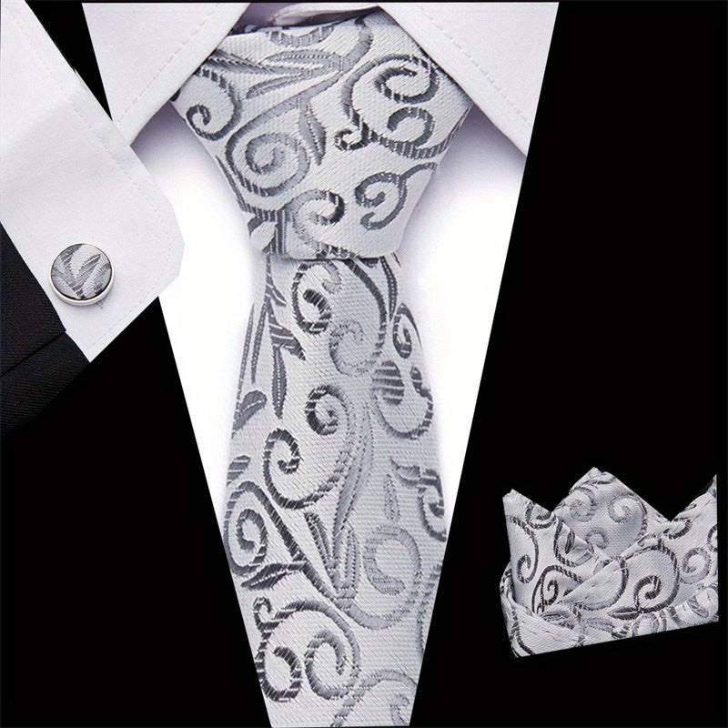 Men's Plaid Handkerchief Cufflink, Necktie, Pocket Squares Set