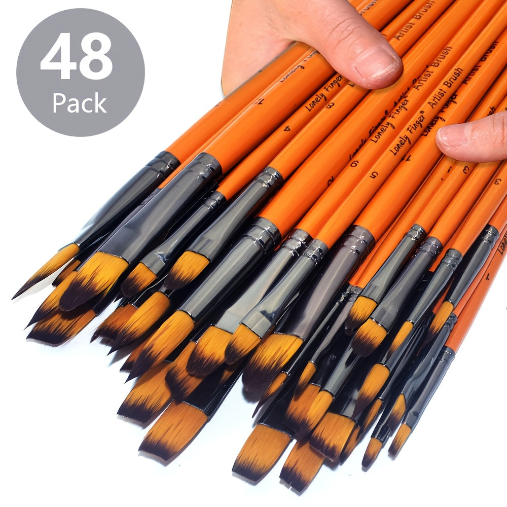 48pcs Artist Paint Brush Set with Wooden Handles and Nylon Bristles for Acrylic